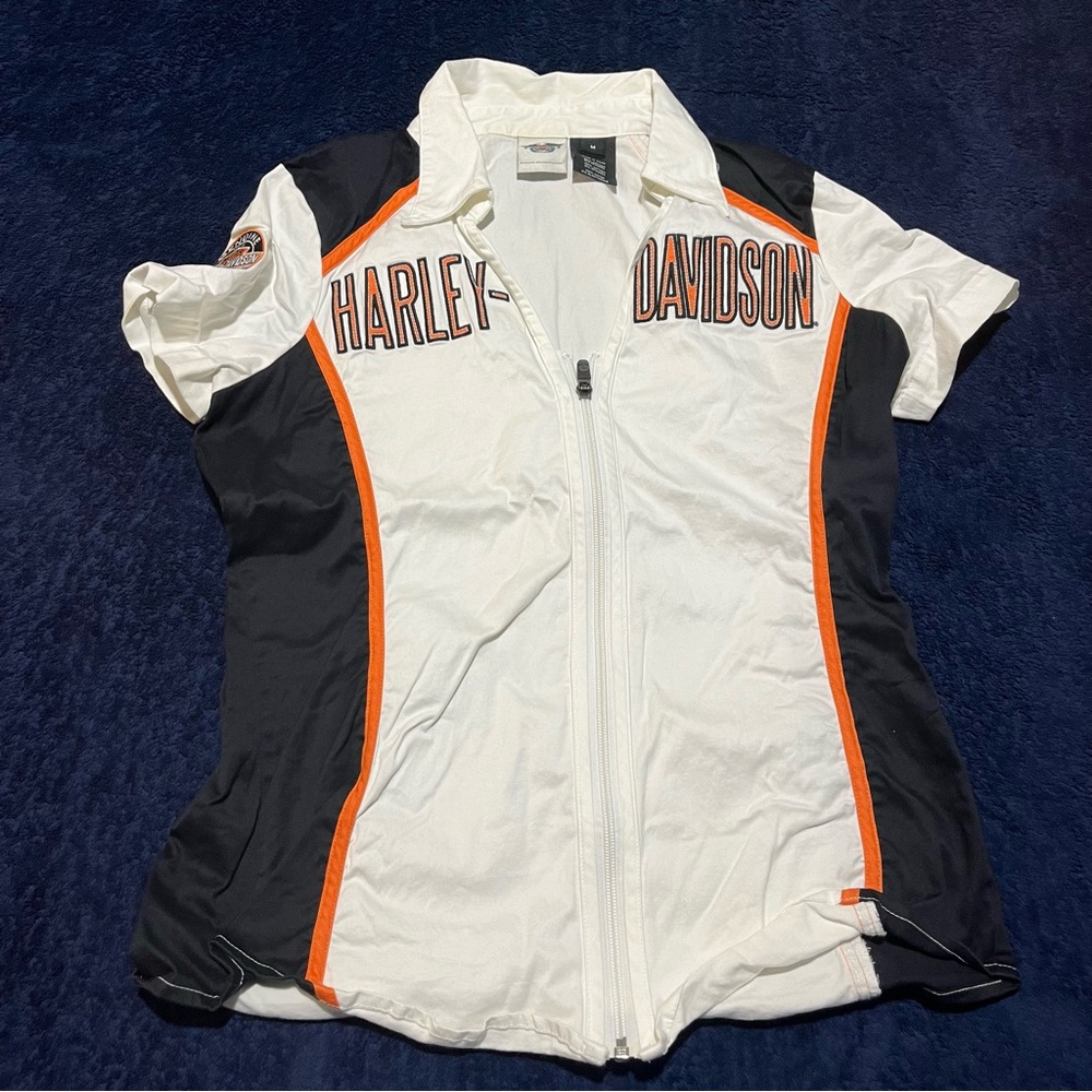 Harley Davidson Zip Shirt Womans Embroidery Sexy Biker Short Sleeve Top Medium